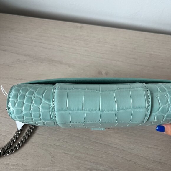 NWT Balenciaga Wallet On Chain Green Acqua Shiny Croc Embossed Leather - Picture 10 of 11